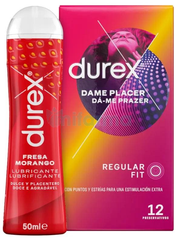 Durex Pack Preservativos Dame Placer 12 uds Lubricante Fresa 50 ml