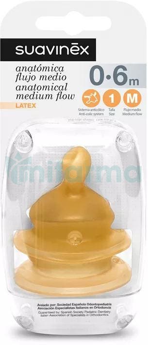 Tetina Suavinex Anatomica Latex Flujo Medio T1 M 2Unidades 0-6m