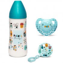 Suavinex Set Silicona Picnic Azul Biberon Talla L 360ml Chupete 6-18m Broche